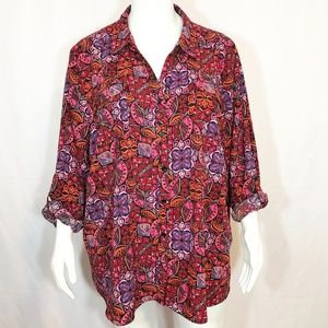 Catherines Button Front Roll Tab Sleeve Tunic Top